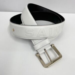 Yves Saint Laurent Leather Belt Says In Raised Letters White & Gold Studs 95 38